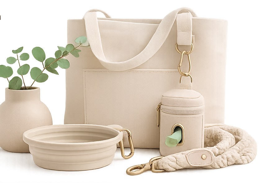 Colección Paseo Alma Boreal con correas, arneses y accesorios para perros y gatos, diseñados para paseos cómodos, seguros y con estilo.