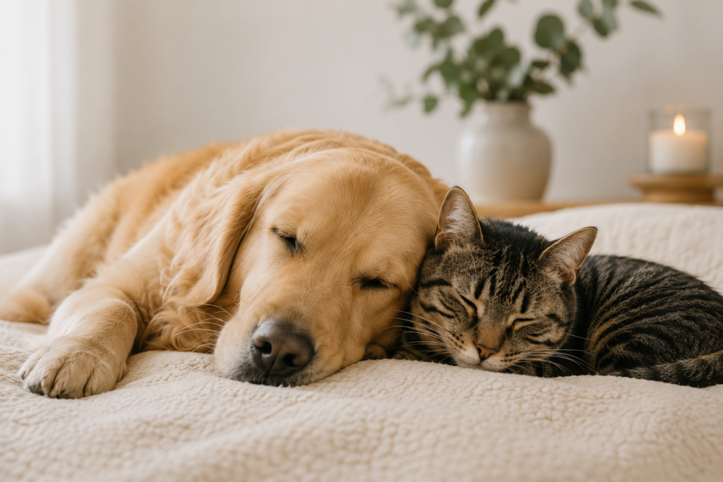 Perro golden y gato descansando juntos en un hogar acogedor, rodeados de tonos neutros y decoración minimalista. Imagen lifestyle para tienda de productos para mascotas y hogar Alma Boreal.