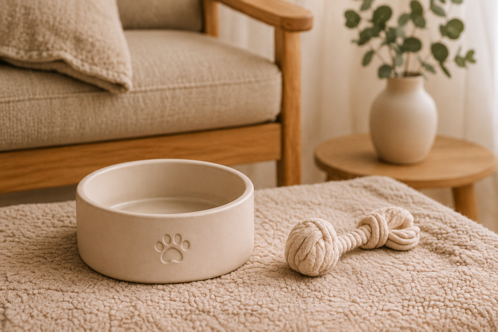 Comedero de cerámica para mascotas junto a juguete de cuerda sobre una manta suave en un hogar acogedor. Accesorios para perros y gatos con diseño minimalista, ideales para espacios cómodos y armoniosos.