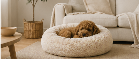 Cama suave para perros en un ambiente cálido y acogedor, con decoración minimalista y tonos neutros. Producto para mascotas diseñado para ofrecer descanso, comodidad y bienestar, ideal para hogares pet friendly.